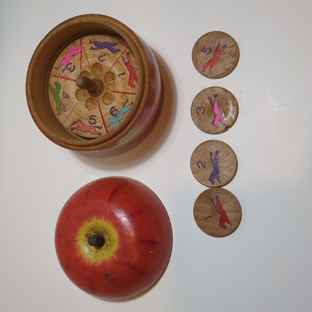 Wooden apple roulette horse racing steeplechase game hand painted vintage